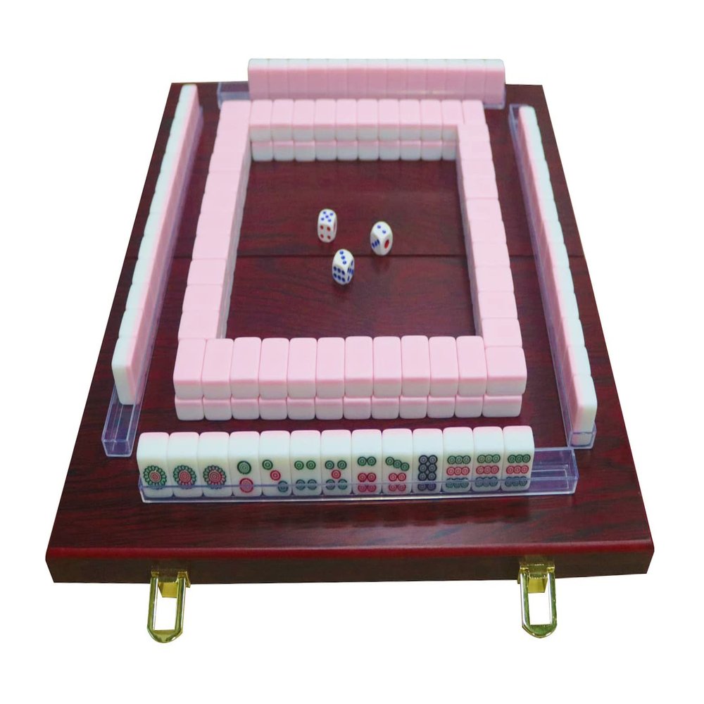 Erencook Miniature Chinese Mahjong Game Set with Foldable Table 144 Mini-Tiles, Case, and Accessories, Travel Set (Pink, 22MM)