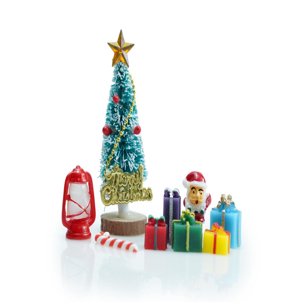 1:12 Scale Dollhouse Christmas Kit 9PCS Miniature Christmas Tree Mistletoe Xmas Wreath Miniature Candy Crutch Ornament Decorations Simulation Gifts (9 PCS Christmas Tree Set)
