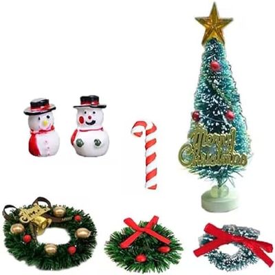 1:12 Scale Dollhouse Christmas Kit Mini Scene Decor Pine Tree Mistletoe Xmas Wreath Miniature Snowman Candy Crutch Ornament Desktop Decorations Simulation Candy Canes Gifts (All 7PCS)