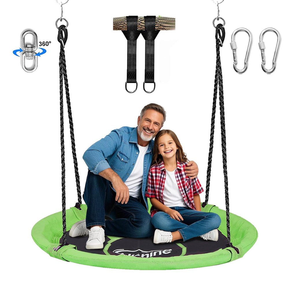 43" Saucer Tree Swing for Kids, 360 Rotate Waterproof Flying Saucer Swing with Swivel, Hanging Straps, Adjustable Ropes, Round Mat Spinner Swing for Tree/Swing Set, Green