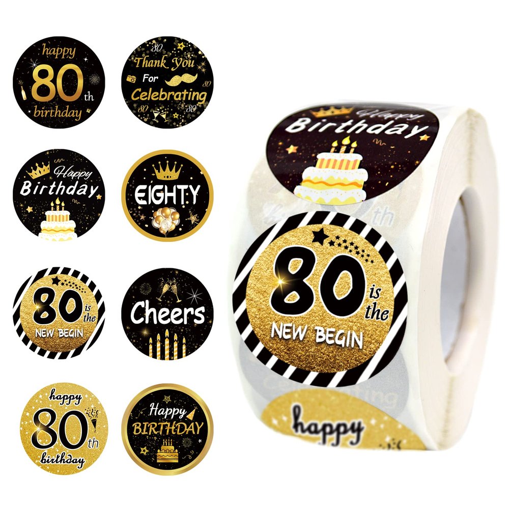 600 PCS 1.5 Inch Happy 80th Birthday Roll Stickers, 8 Different Design Black Gold Happy 80th Birthday Round Labels Birthday Party Favor Anniversary Party Supplies, Handmade Sticker