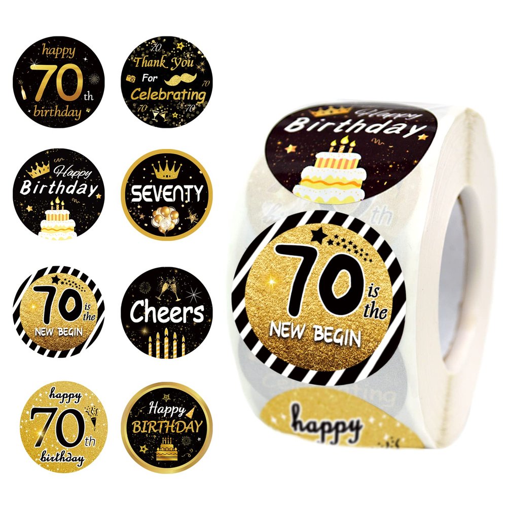 600 PCS 1.5 Inch Happy 70th Birthday Roll Stickers, 8 Different Design Black Gold Happy 70th Birthday Round Labels Birthday Party Favor Anniversary Party Supplies, Handmade Sticker