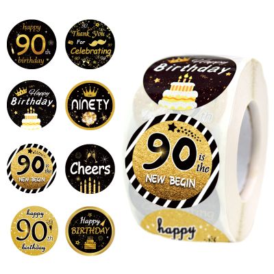 600 PCS 1.5 Inch Happy 90th Birthday Roll Stickers, 8 Different Design Black Gold Happy 90th Birthday Round Labels Birthday Party Favor Anniversary Party Supplies, Handmade Sticker