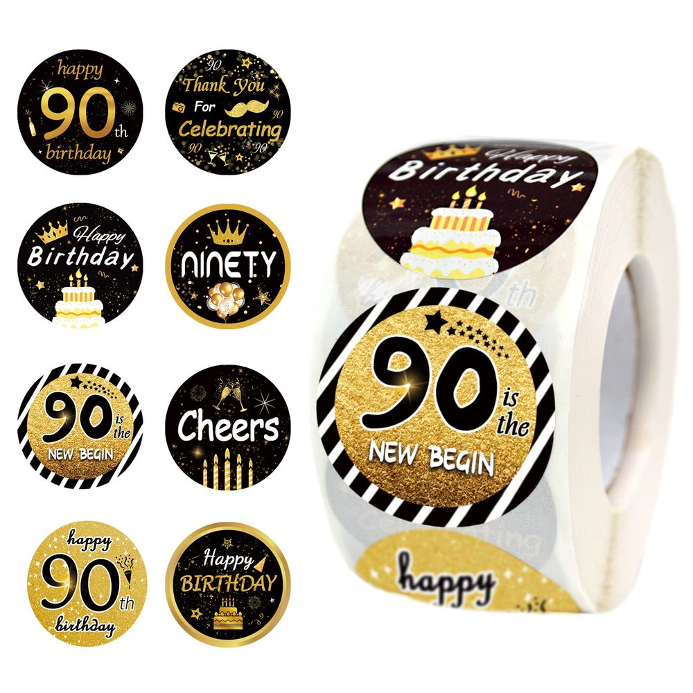 600 PCS 1.5 Inch Happy 90th Birthday Roll Stickers, 8 Different Design Black Gold Happy 90th Birthday Round Labels Birthday Party Favor Anniversary Party Supplies, Handmade Sticker