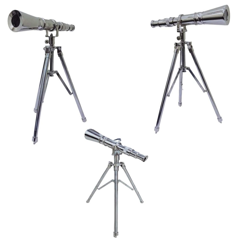 Vintage Chrome Finish Telescope use Lens Beautiful Royal Spyglass Double Barrel Telescope On Wooden Tripod Stand