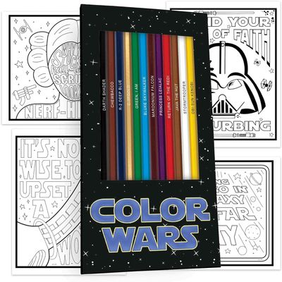 PunLabs Color Wars Parody Colored Pencil Set for Fans - 12 Star Wars-Inspired Parody Pencils with Clever Foil-Stamped Names - 5 Color Wars-Themed Coloring Pages