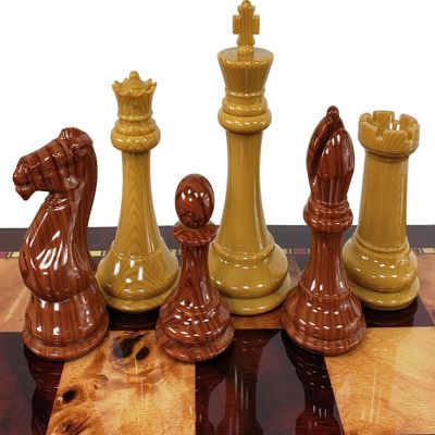 4 Queens Large 4 1/8 inch 1 7/8 inch Base King Wood Grained Plastic Polymer Staunton Chess Men Set NO Board