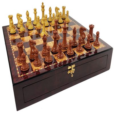 4 Queens Large Wood Grained Plastic Polymer Staunton Chess Set 4 1/8 inch King 20 inch Cherry Color Storage Board