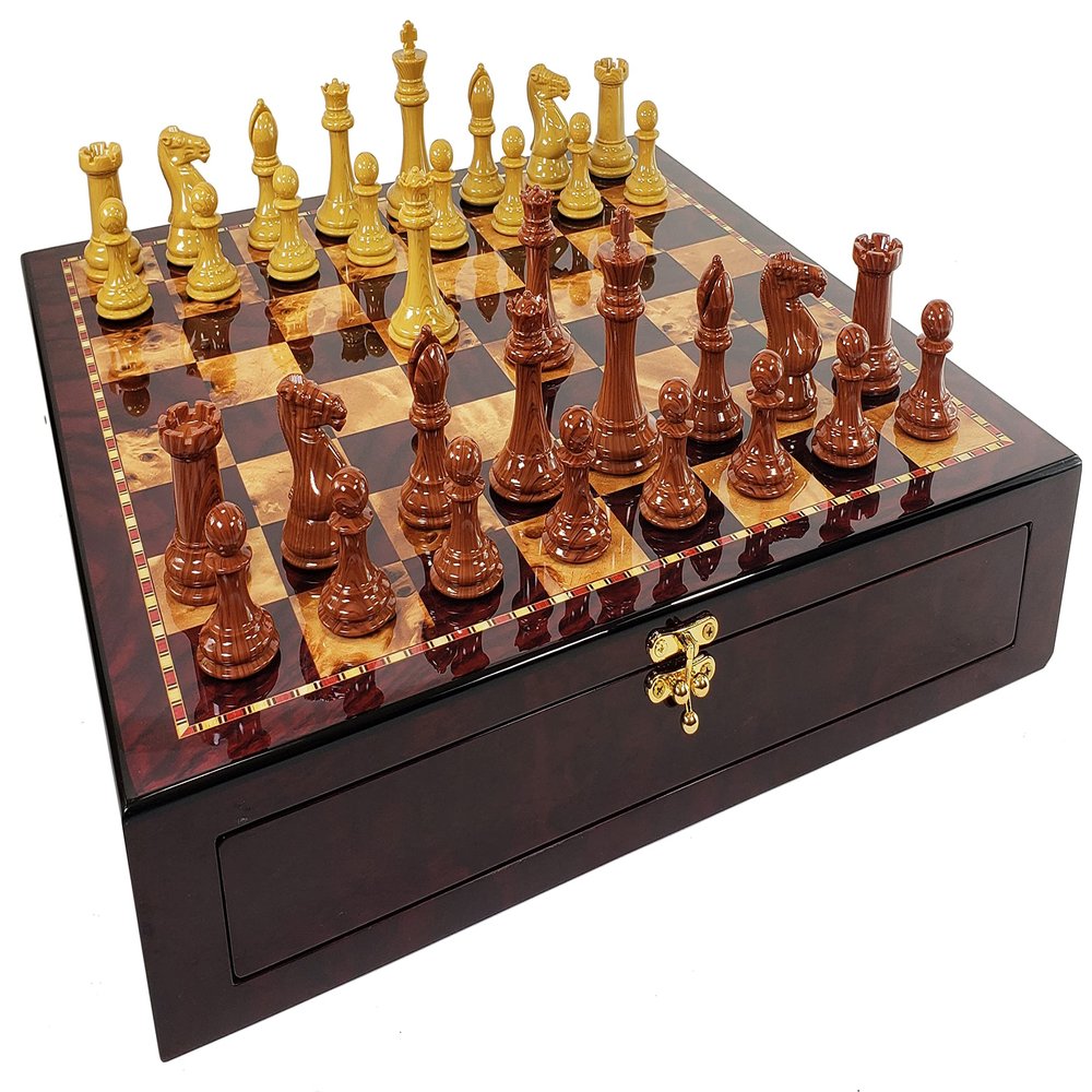 4 Queens Large Wood Grained Plastic Polymer Staunton Chess Set 4 1/8 inch King 20 inch Cherry Color Storage Board