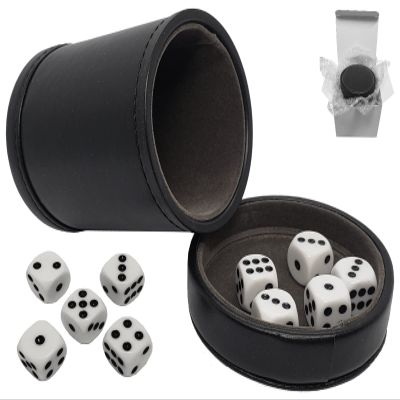 Cyber-Deals Black PU Leather Dice Cup Premium Felt Lined, Pip Dot Dice, Plus Extra Die Set (Gift Boxed) for Liar's Dice Farkle Yahtzee and Other Dice Games (Black/Dark Grey Cup, 16mm Dice (White))