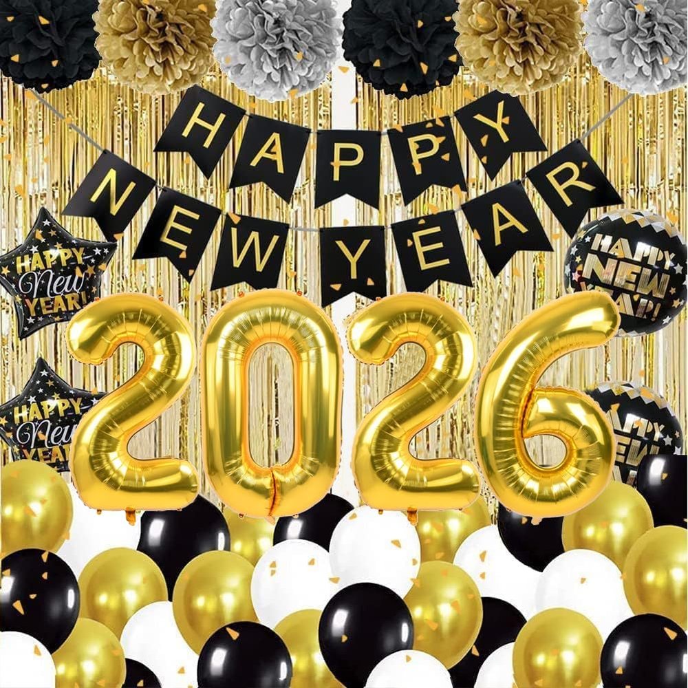 DUILE 2026 Happy New Year Decorations New Years eve Party Supplies 2026 Include Paper Flower New Year Banner Balloons Curtains Foil Star Balloons for Party