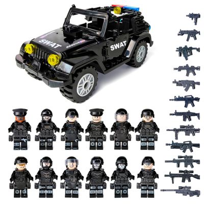 Toysvill SWAT Military Police Building Block Set | SUV + Soldiers Minifigures (12 PCS) with Weapons and Accessories Gift