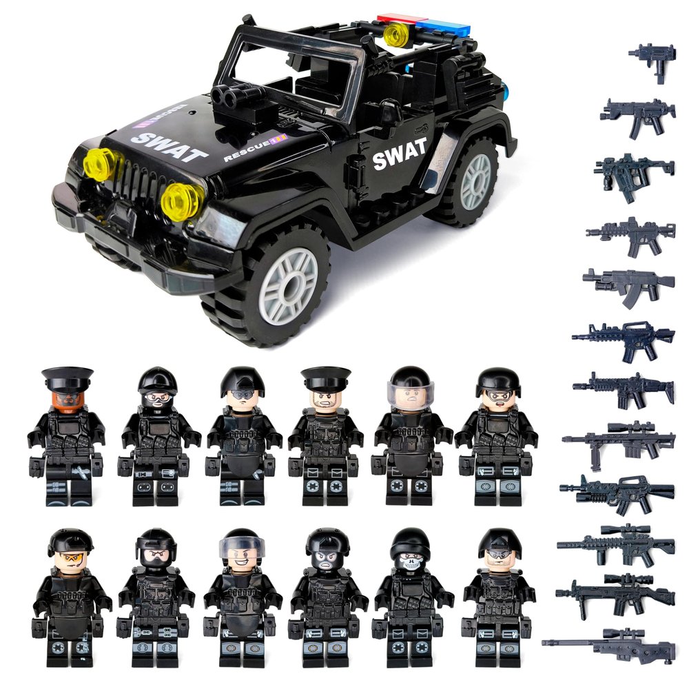 Toysvill SWAT Military Police Building Block Set | SUV + Soldiers Minifigures (12 PCS) with Weapons and Accessories Gift