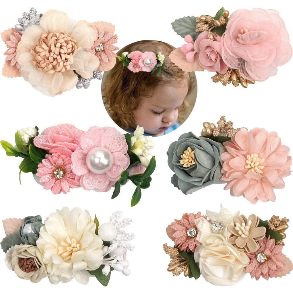 6 PCS Handmade Flower Hair Bows Fully Lined Alligator Hair Clips Faux Pearls Floral Hair Clips Barrettes Hair Accessories for Women Girls Toddlers Kids Children