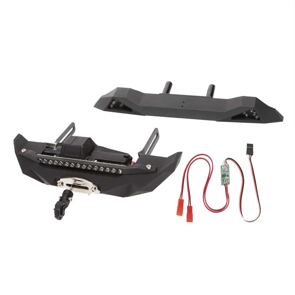 LAFEINA Metal Front Rear Bumper with Winch LED Lights & Light Control Cable for 1:10 RC Crawler Car SCX10 90046 SCX10 AXI03007 TRX4 (Black Winch)