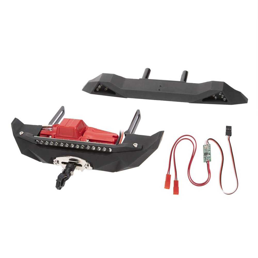LAFEINA Metal Front Rear Bumper with Winch LED Lights & Light Control Cable for 1:10 RC Crawler Car SCX10 90046 SCX10 AXI03007 TRX4 (Red Winch)
