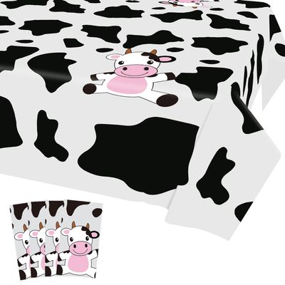 4 Pcs Cow Print Plastic Tablecloth, Farm Animal Themed Parties Tablecovers for Cow Theme Birthday Party Supplies, Black and White