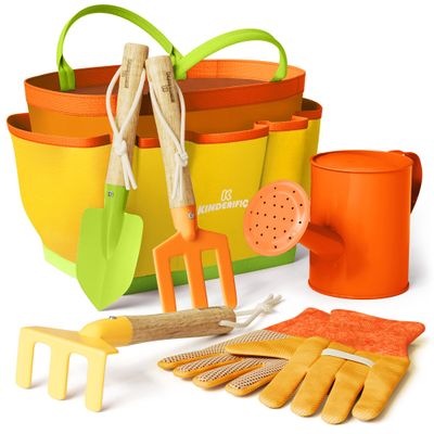 Kinderific Gardening Set, Tool Kit, for Kids, STEM, Includes Tote Bag, Spade, Watering Can, Rake, Fork, Trowel and Gloves (Sunshine)