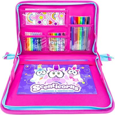 Scenticorns Sweet Scented Lap Desk Set | Includes 10 Scented Markers, 10 Gel Pens, 10 Colored Pencils, 2 Erasers, Sharpener & 12-Page Coloring Pad