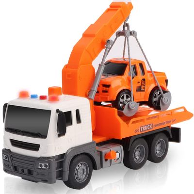 ArtCreativity Light Up Tow Truck, Scale Model with Movable Flat Bed, Lights, Sound, Small Car Toy for Kids, Interactive Toy for Boys and Girls, Ages 3 and Up