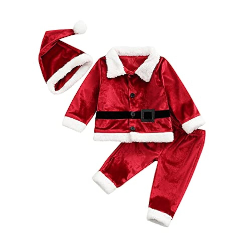 FIOMVA Christmas Baby Girl Boy Santa Costumes Clothes Outfits Dress Jacket Coat Long Pants Hat Socks Cosplay  (velvet 3pcs set, 3-4T)