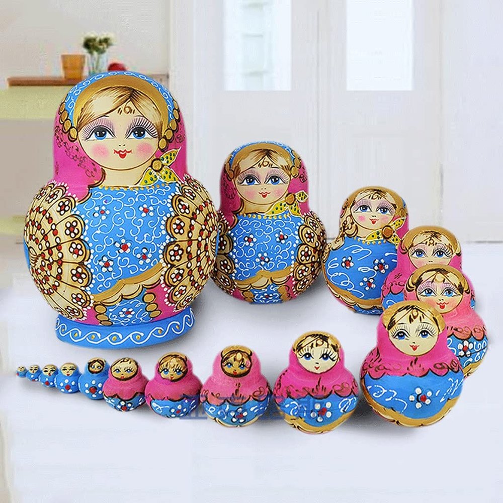 QQWW Traditional Matryoshka 15-Piece Set Russian Nesting Dolls Wooden Toys Hand-Painted Christmas