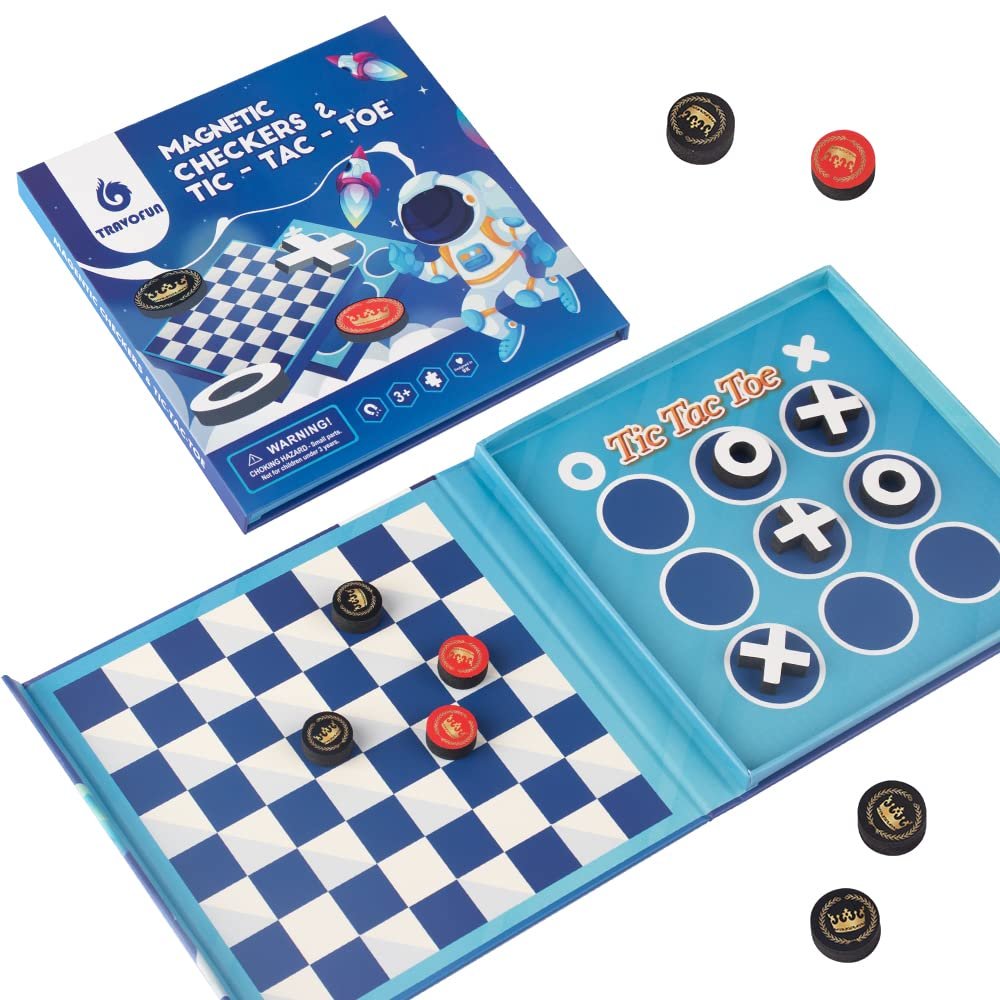 2-in-1 Checkers & Tic-Tac-Toe Board Game | Magnetic Travel Games for Kids 8-12 | Plane Activities for Kids Ages 8-12 | Foldable Magnetic Checkers & Travel Activities (Ages 3-12)