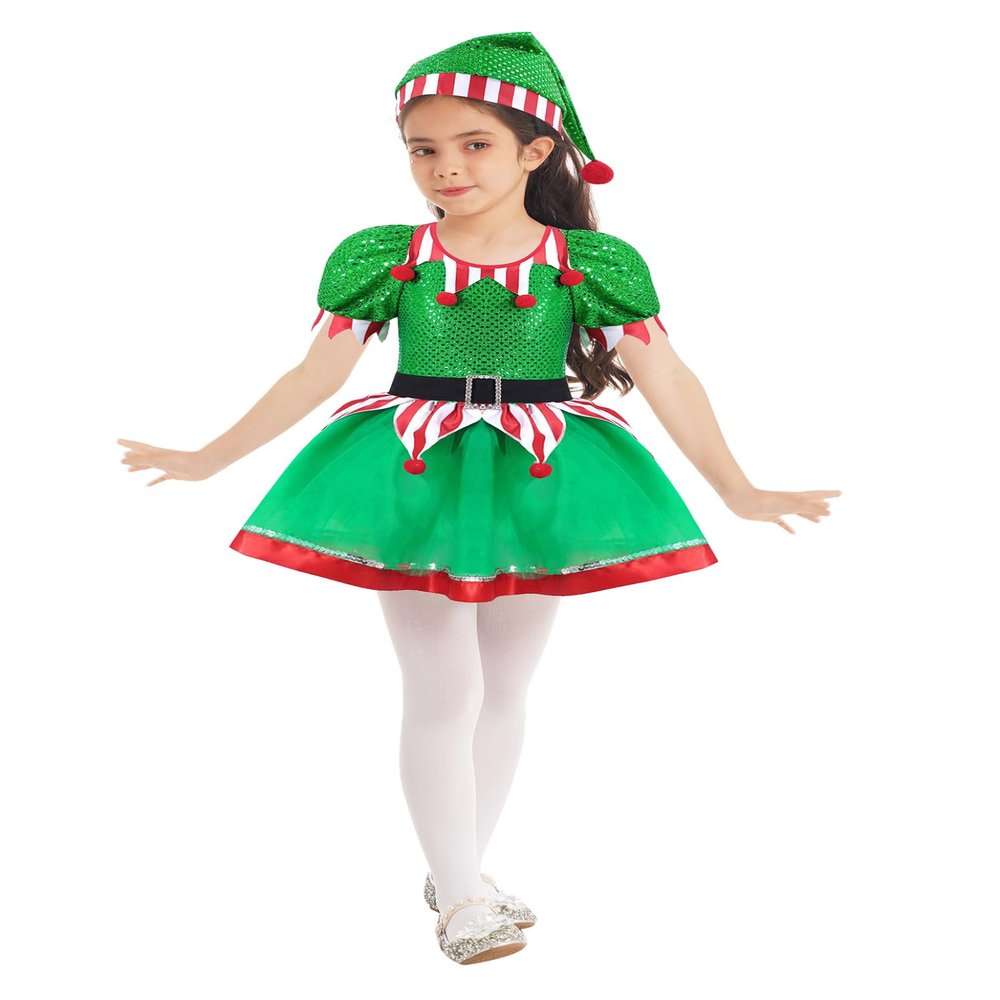 Huimingda Kids Girls Christmas Elf Costume Santa Claus Helper Cosplay Party Outfit Princess Dress with Hat Set Green 14 Years