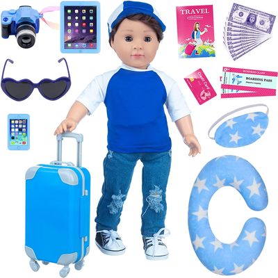 Ecore Fun 24 Pcs 18 Inch Boy Doll Clothes and Accessories Suitcase Play Set Included Travel Carrier Clothes Camera Phone Travel Pillow Passport Tickets Cashes Credit Card Map