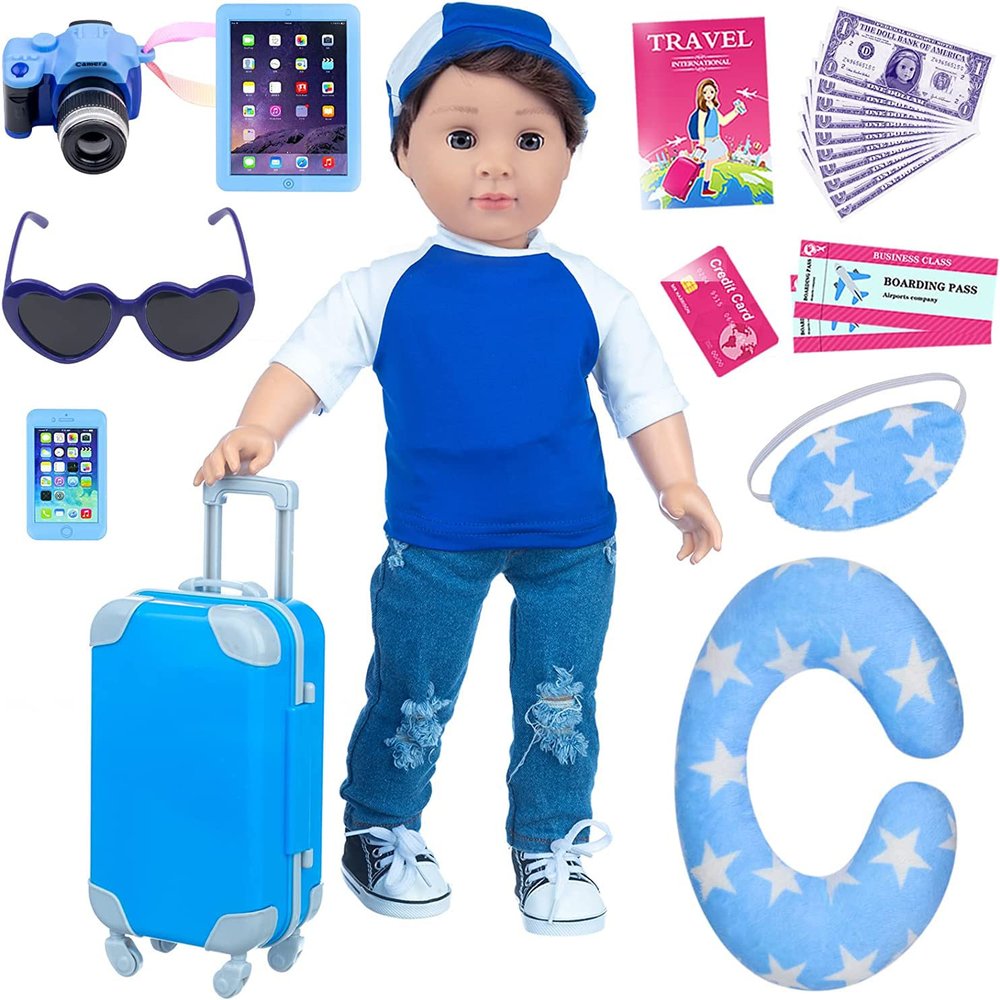 Ecore Fun 24 Pcs 18 Inch Boy Doll Clothes and Accessories Suitcase Play Set Included Travel Carrier Clothes Camera Phone Travel Pillow Passport Tickets Cashes Credit Card Map