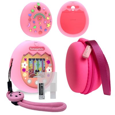 JCHPINE Hard Carrying Case and Silicone Cover Compatible with Tamagotchi Pix Interactive Virtual Pet Game Machine, Screen Film Protector for Tamagotchi Pix Accessories (Pink)