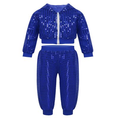Manyakai Kids Boys Girls Shiny Sequins Hip Hop Clothes Jazz Street Dance Costume Hooded Top with Pants 2 Pcs Outfit Blue 12-14 Years