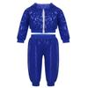 Manyakai Kids Boys Girls Shiny Sequins Hip Hop Clothes Jazz Street Dance Costume Hooded Top with Pants 2 Pcs Outfit Blue 12-14 Years view 1