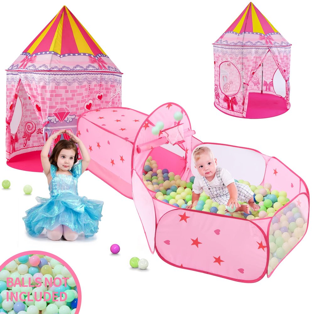 LOJETON 3pc Princess Fairy Tale Kids Play Tent, Cube Crawl Tunnel, Ball Pit for Toddlers, Indoor Outdoor Playhouse Castle Toys, Baby Boys Girls for 3 4 5 6 7 Years Old (Balls Not Included)