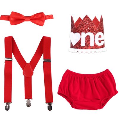 Baby Boys 1st Valentine's Day Outfit Red Sequins Heart Diaper Cover Suspenders Bowtie Crown Headband 4PCS Clothes Set for Cake Smash First Birthday Photo Shoot Red Heart One 3-24 Months