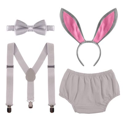 Baby Boys First Easter Cake Smash Outfit Rabbit Ears Diaper Cover Suspenders Bowtie Headband 4pcs Clothes Set for Easter Bunny Themed Birthday Party dress Photo Props Gray Bunny 3-24 Months