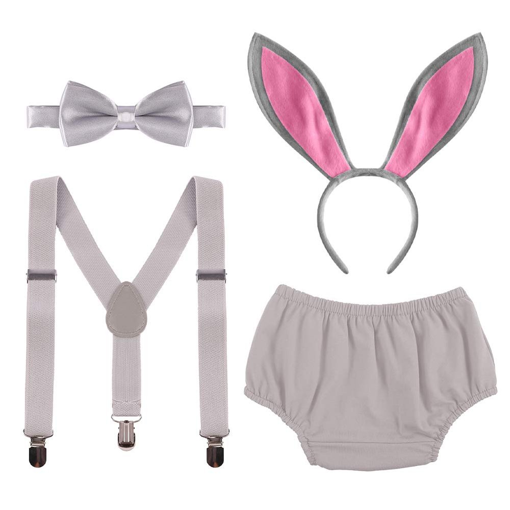 Baby Boys First Easter Cake Smash Outfit Rabbit Ears Diaper Cover Suspenders Bowtie Headband 4pcs Clothes Set for Easter Bunny Themed Birthday Party dress Photo Props Gray Bunny 3-24 Months