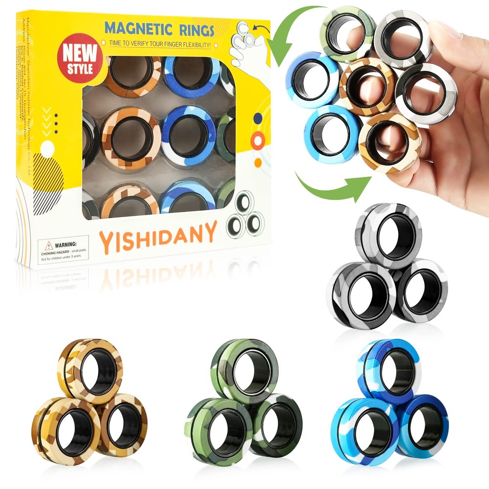 12Pcs Magnetic Rings Fidget Spinner Toys Set, ADHD Stress Relief Fingers Magnet Rings, Graffiti Camo Magical Fidget Toys Pack for Training Relieves Autism Anxiety, Great Gift for Adults Teens Kids