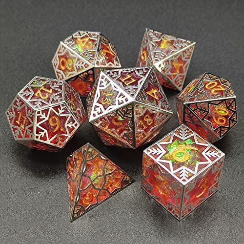 7-Piece Crafted Dice Set - Beautiful Snowflake Metal Dice with Resin Core - Fiery Red - D&D - Dungeons and Dragons - D4 D6 D8 D10 D20 Bronze!!!
