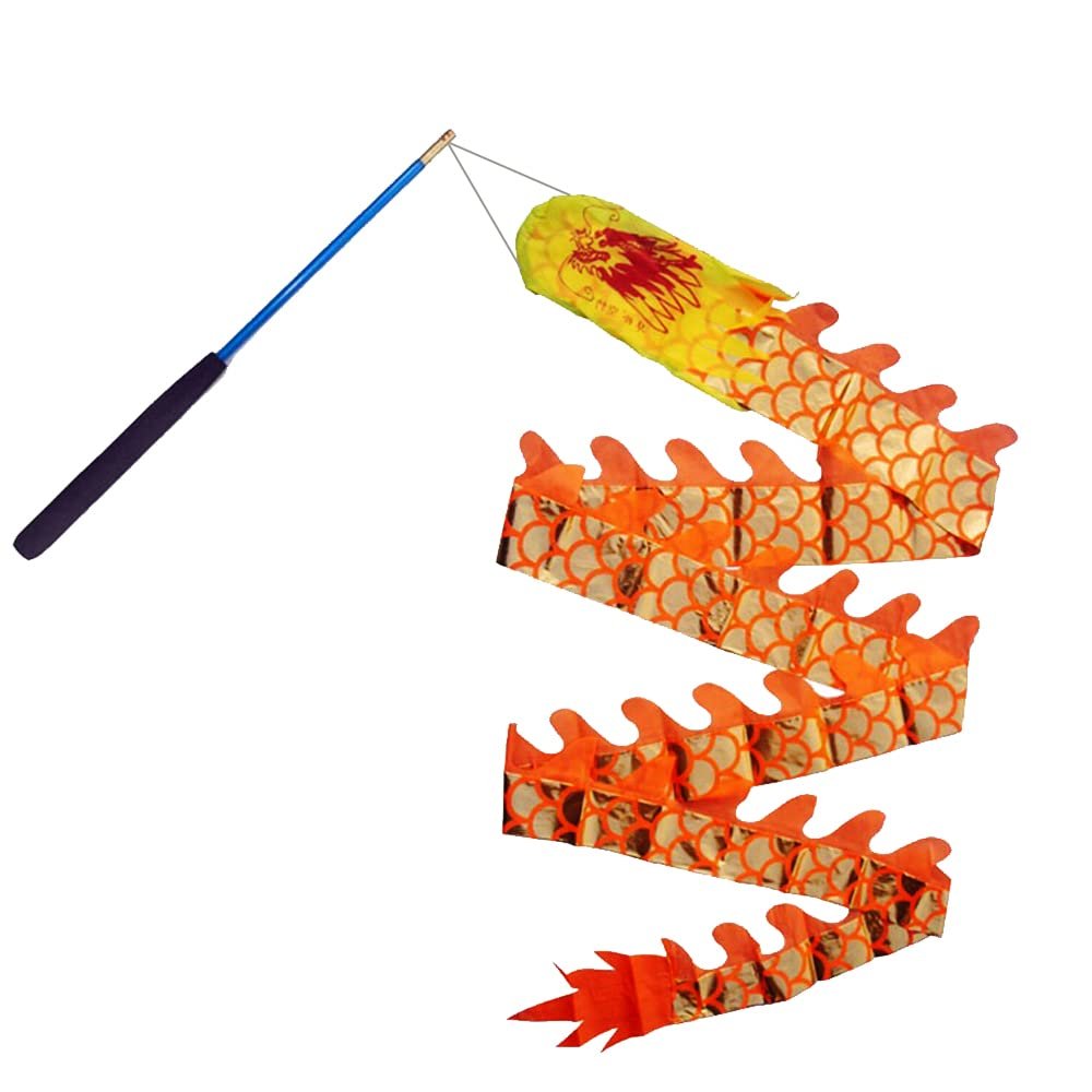 DSJUGGLING 3D Colorful Dragon Silk Flowy Spinning & Shaking Poi - Flinging The Dragon Spiral Practice Ribbon Streamer with Fiberglass Handsticks + Travel Bag! (3 Meters (9.8 FT), Gold Scale Color)