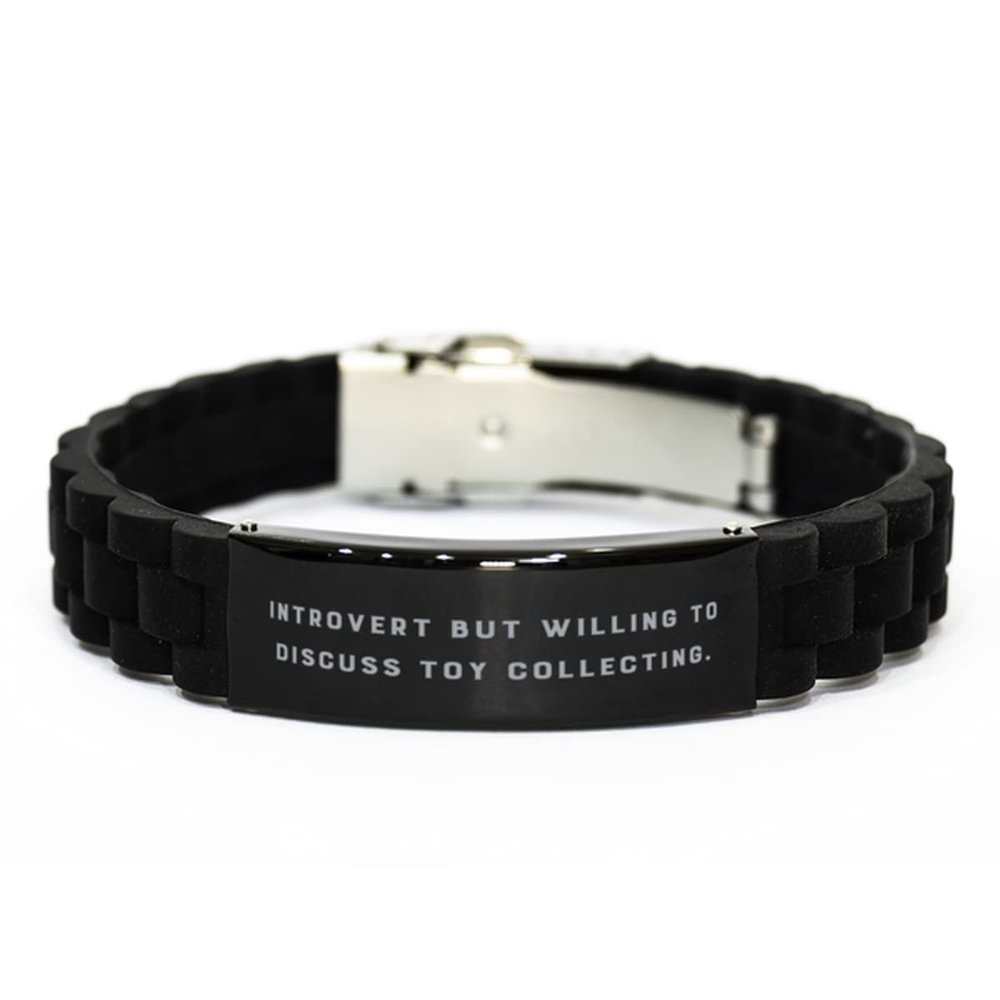 Sunmead Joke Toy Collecting Black Glidelock Clasp Bracelet, Introvert but, Gifts for Friends, Present from, Engraved Bracelet for Toy Collecting