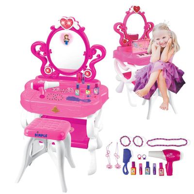 DIMPLE (Set of 2) 2-in-1 Princess Vanity Set Girls Toy Makeup Accessories with Working Piano, Hair Dryer & Flashing Lights, Big Mirror, Chair, Pretend Cosmetics - Princess Appears in Mirror for Girls