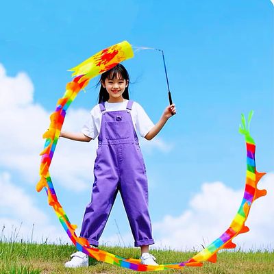 DSJUGGLING 9.8 Ft Rainbow Flowy Spinning & Shaking Dragon Poi, 3 Meters Flinging Dragon Spiral Practice Ribbon Streamer with Fiberglass Handsticks + Travel Bag
