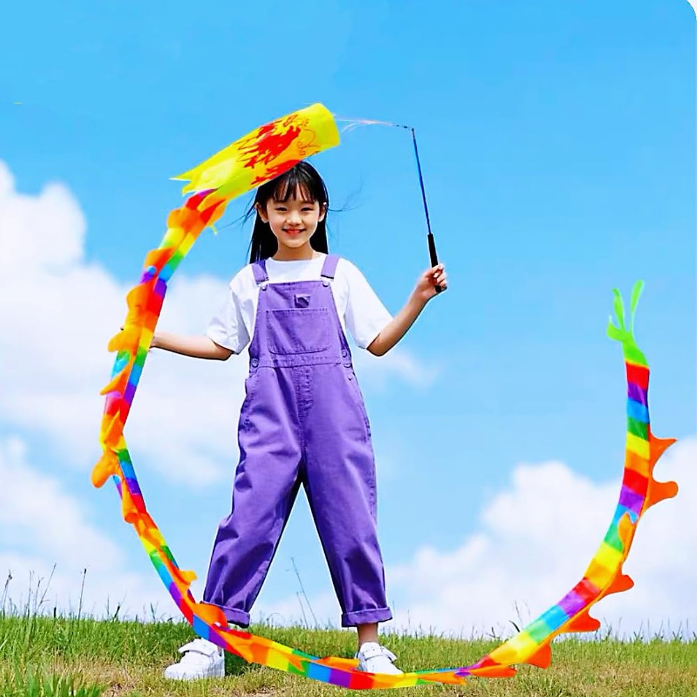 DSJUGGLING 9.8 Ft Rainbow Flowy Spinning & Shaking Dragon Poi, 3 Meters Flinging Dragon Spiral Practice Ribbon Streamer with Fiberglass Handsticks + Travel Bag