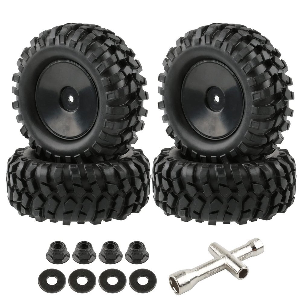 Rchobbytop 4pcs RC Trailer Tires, 12mm Hex Hard Dish Wheel Rim and Tires with Lock Nuts Washers Wrench for 1/10 Rock Crawler Truck Off Road Racing Car Axial RC4WD Tamiya MST HSP