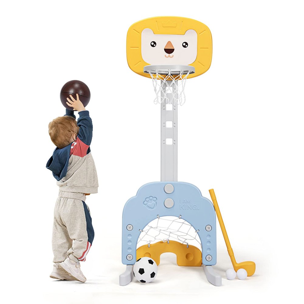 AKUSTIK 3 in 1 Toddlers Basketball Hoop Stand, Adjustable Height Sports Center with Basketball Soccer Golf Game Set, Portable Indoor Outdoor Activity Playset Gift for Kids 1-3 (Yellow)