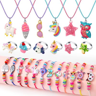 Sureio 24 Pcs Little Girl Jewelry Set Kids Unicorn Necklace Cute Woven Bracelet Ring for Girls Pretend Dress up Party Favor (Vivid Style)