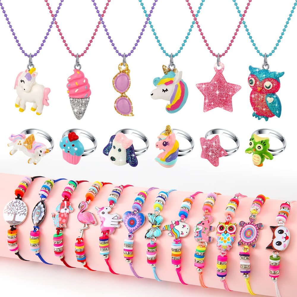 Sureio 24 Pcs Little Girl Jewelry Set Kids Unicorn Necklace Cute Woven Bracelet Ring for Girls Pretend Dress up Party Favor (Vivid Style)