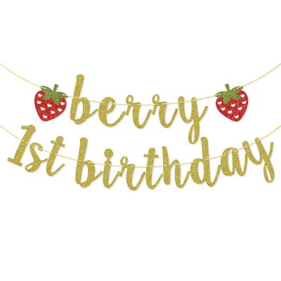 Berry First Birthday Banner, Glitter Strawberry Banner, 1st Birthday Decor (Gold)