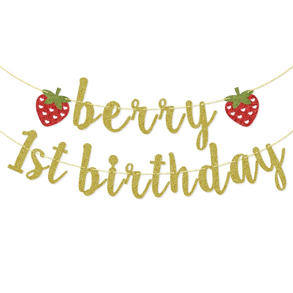 Berry First Birthday Banner, Glitter Strawberry Banner, 1st Birthday Decor (Gold)